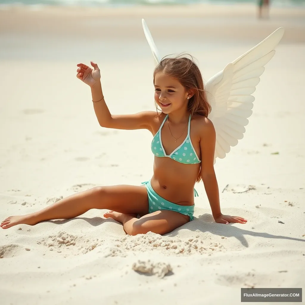 "Create a photo: A girl is wearing swimwear and playing angel in the sand on the beach."