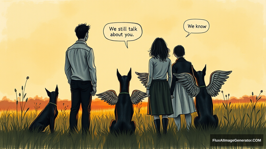 Messy, pencil sketch colour illustration: 4 silhouetted figures—2 male, 2 female—stand in a lush meadow at golden hour. 3 ethereal, winged dobermans sit beside them. Facing away from the viewer. Speech bubbles float above: "We still talk about you" (human), "We know" (dog). Nostalgic atmosphere, convey wistful longing.