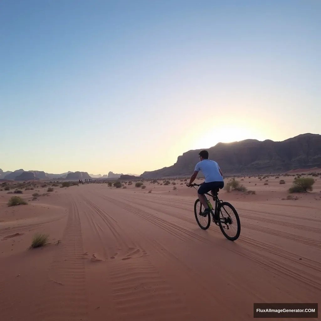 In the desert, someone is riding a bicycle.