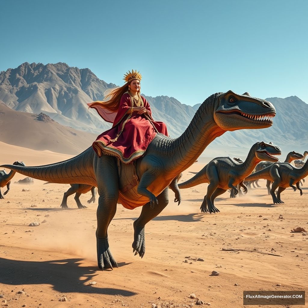 Ancient Mongolian caravan of Velociraptors walking through the Mongolian Gobi Desert; ahead of the caravan is a young Mongolian queen riding a T-rex. Location: Mongolia, realistic photo, 4K.