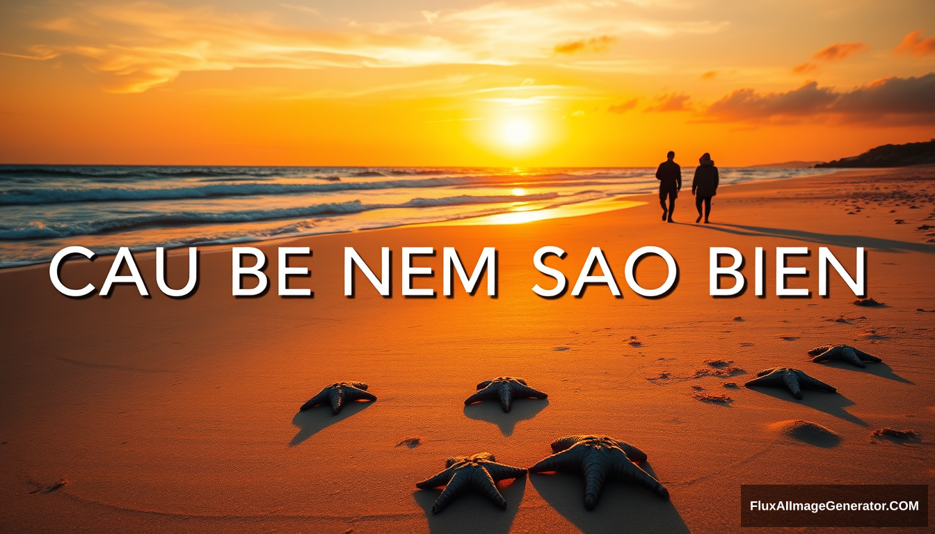 A vibrant sunset scene on a sandy beach with starfish scattered on the sand. Two silhouettes walking along the shore, their shadows stretching long in the golden light. The title "CAU BE NEM SAO BIEN" in a prominent position.