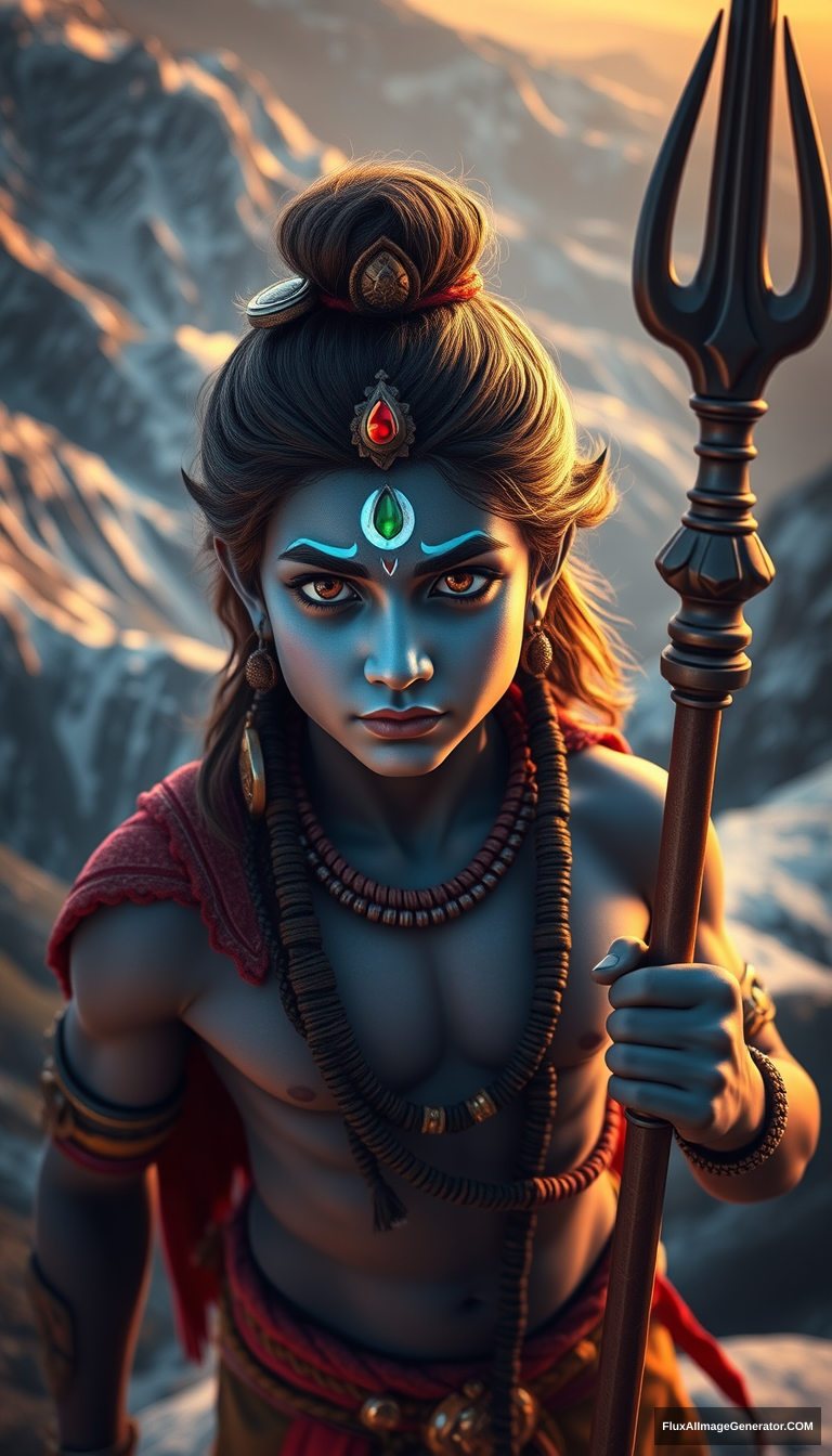 Young Mahadev, trident, (three eyes), evening, snow-capped mountains, bird's eye view, (blue skin), 3D, cinematic lighting. - Image