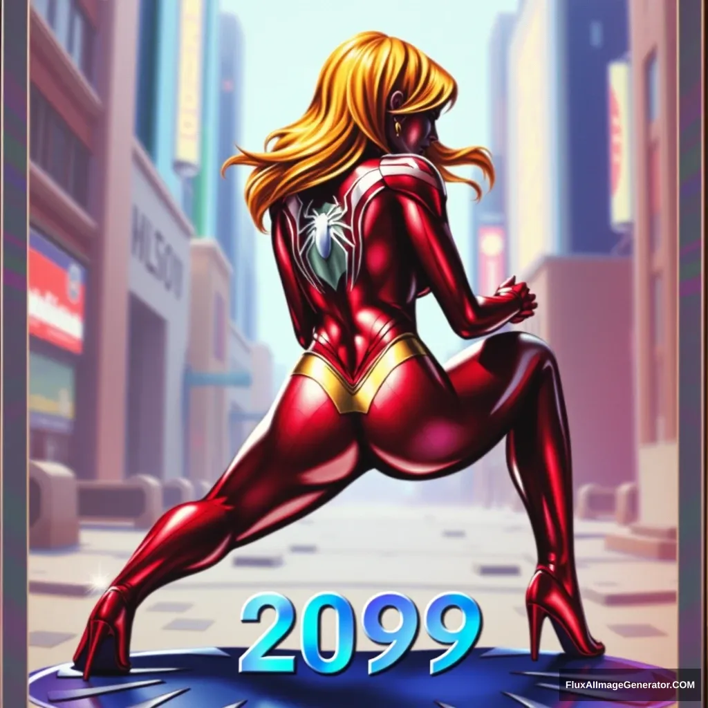 Big chested wonder woman character in a crouching Spiderman position, viewed from behind, set in the year 2099. Full body image from head to toe, designed as a metallic holographic trading card print with an extra holographic 3D effect.