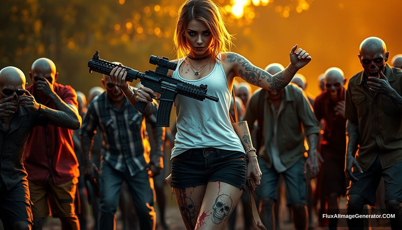 Portrait of a sexy woman in a white vest and black shorts, with lots of gypsy-style skull pattern tattoos on both arms and legs, scratched arm skin, splattered blood on both arms and legs, holding an AR-15 rifle with both hands, aiming, surrounded by scary zombies in different clothes, golden hour lighting, ray tracing, global illumination.