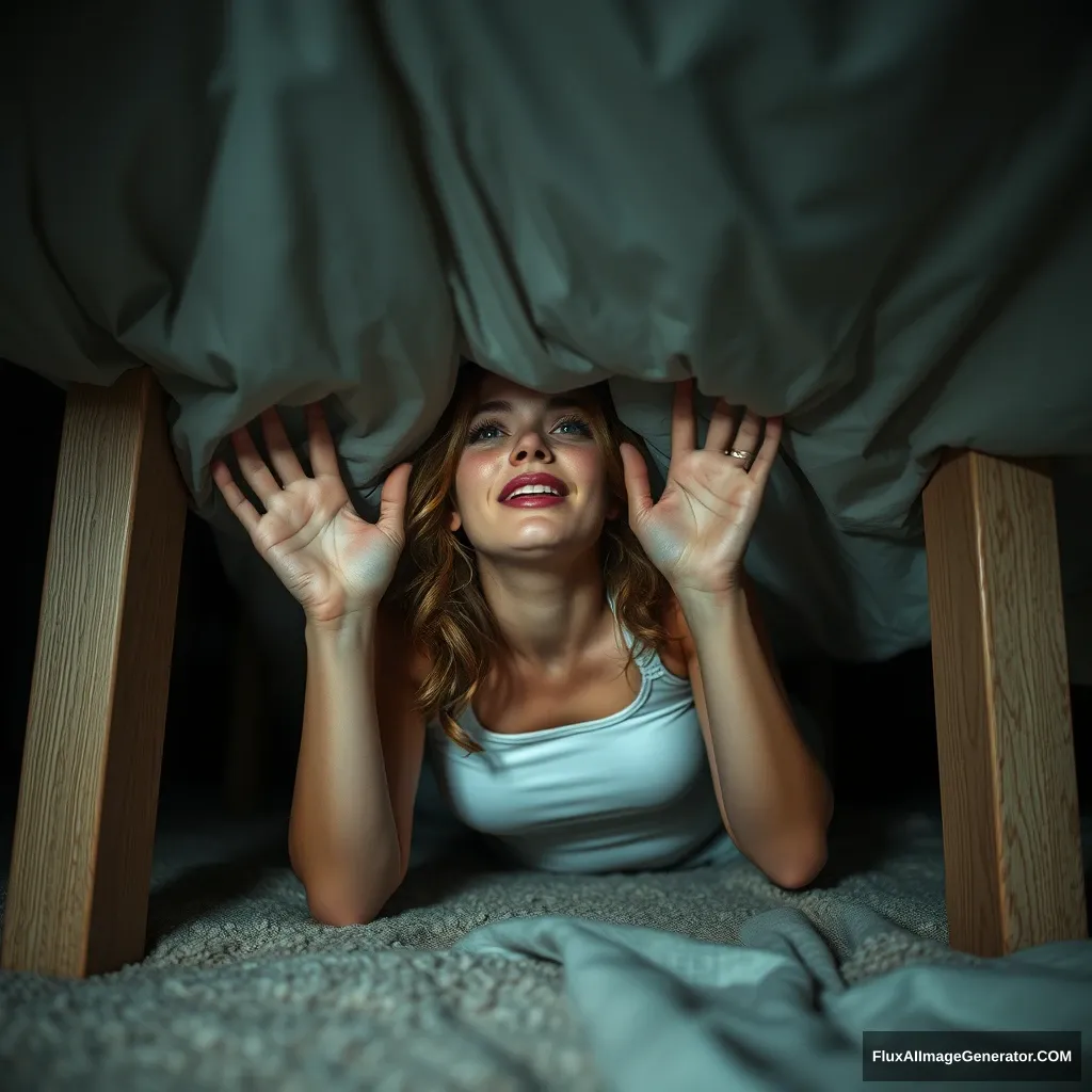 Woman stuck under the bed and wants help. - Image