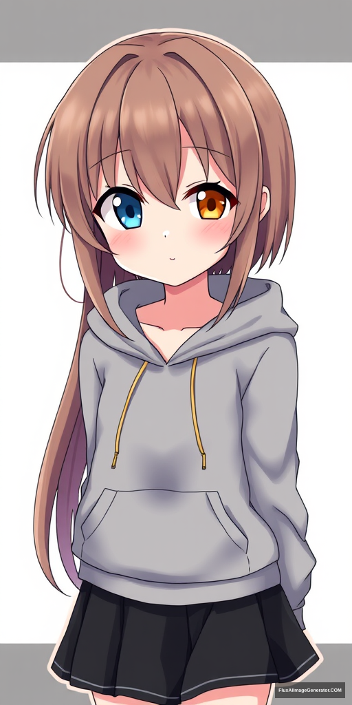 A cute anime girl with a blue left eye and a yellow right eye, having brown hair. She's wearing a gray hoodie and a black skirt, depicted in a short full-body view. - Image