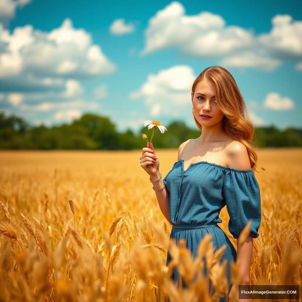 Standing in a golden field, holding a wildflower, with a gentle and seductive gaze, blue sky, white clouds, and green trees in the background.