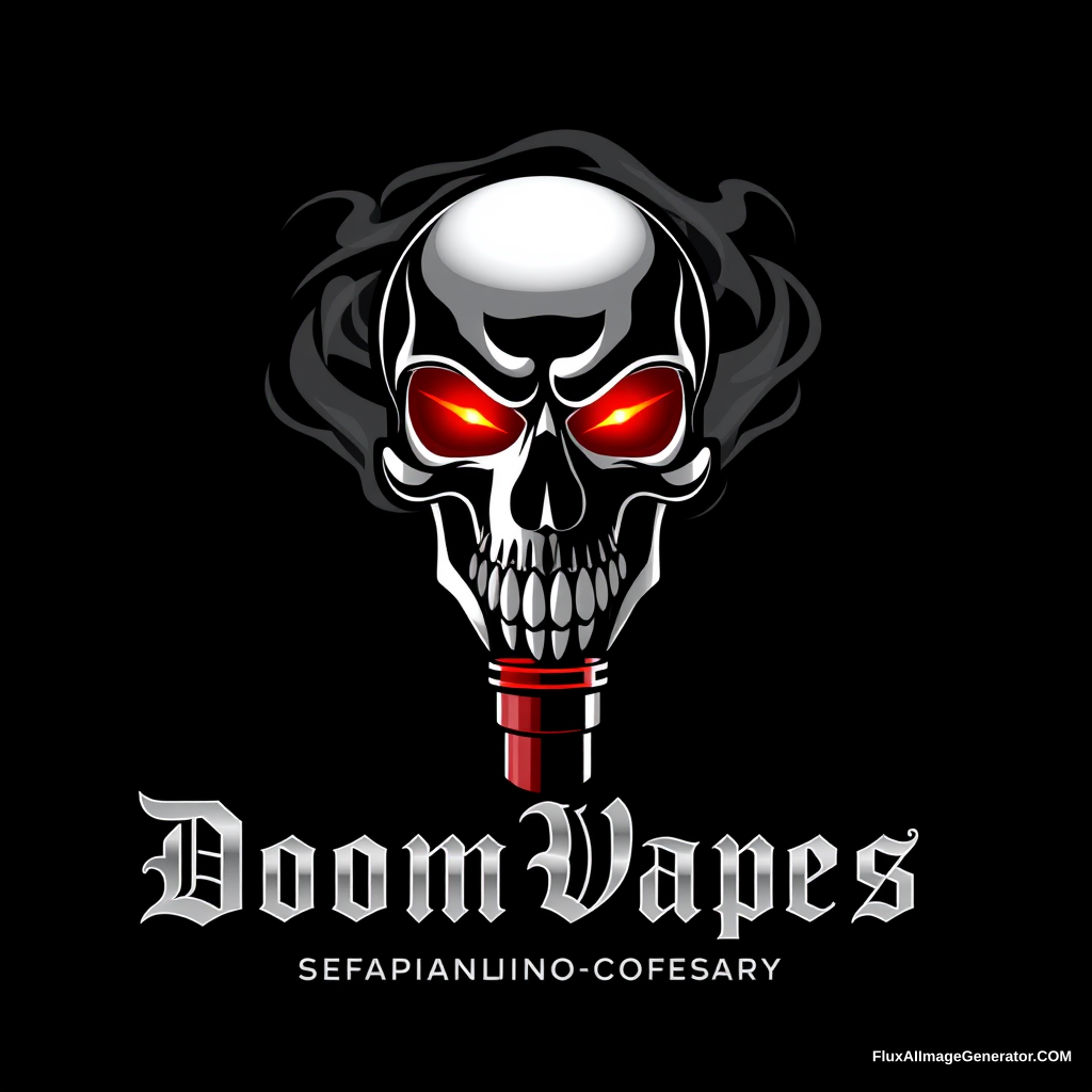 Sleek, menacing logo for DoomVapes, an equipment and content company. Stylized smoke forms a skull with glowing red eyes, emerging from a metallic vape pen. Gothic lettering in chrome.