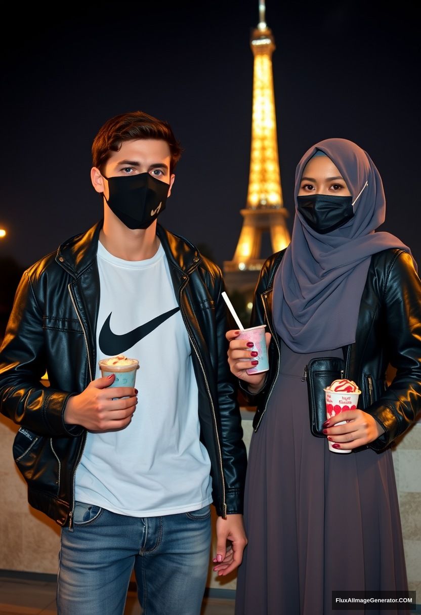 Jamie Dornan, young, black face mask, black leather jacket, Nike t-shirt, jeans,

Dating, love with the biggest grey hijab Muslim girl, beautiful eyes, black face mask, leather jacket, biggest longest skirt, cute,

standing near the Eiffel Tower, night scenery, holding a cup of ice cream, hyper-realistic, photorealistic, street photography.