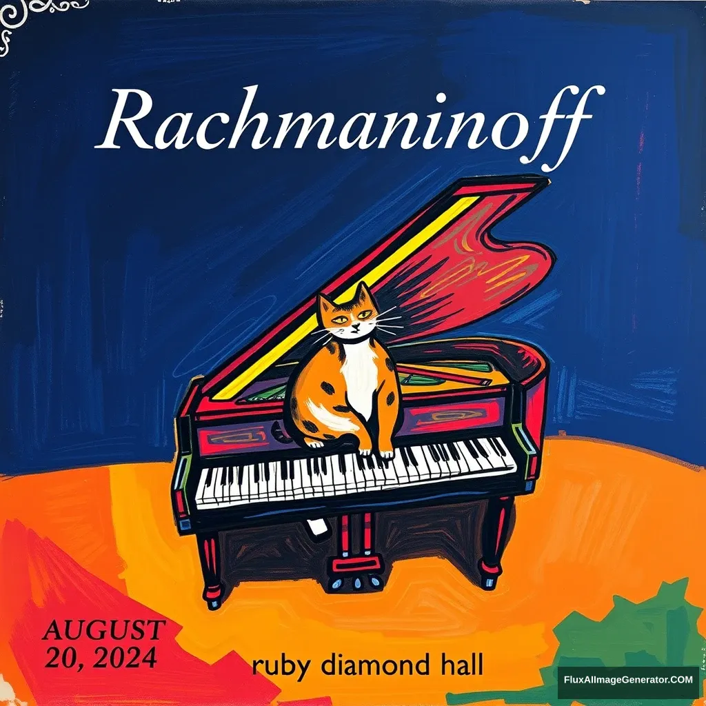 Title: “Rachmaninoff” displayed at the top center

include the following texts on the bottom of the poster:  
“August 20, 2024”  
“7:00 PM”  
“ruby diamond Hall”  

Visual Elements: A grand piano centered at the bottom of the poster with a cat playing piano in a Matisse style. - Image