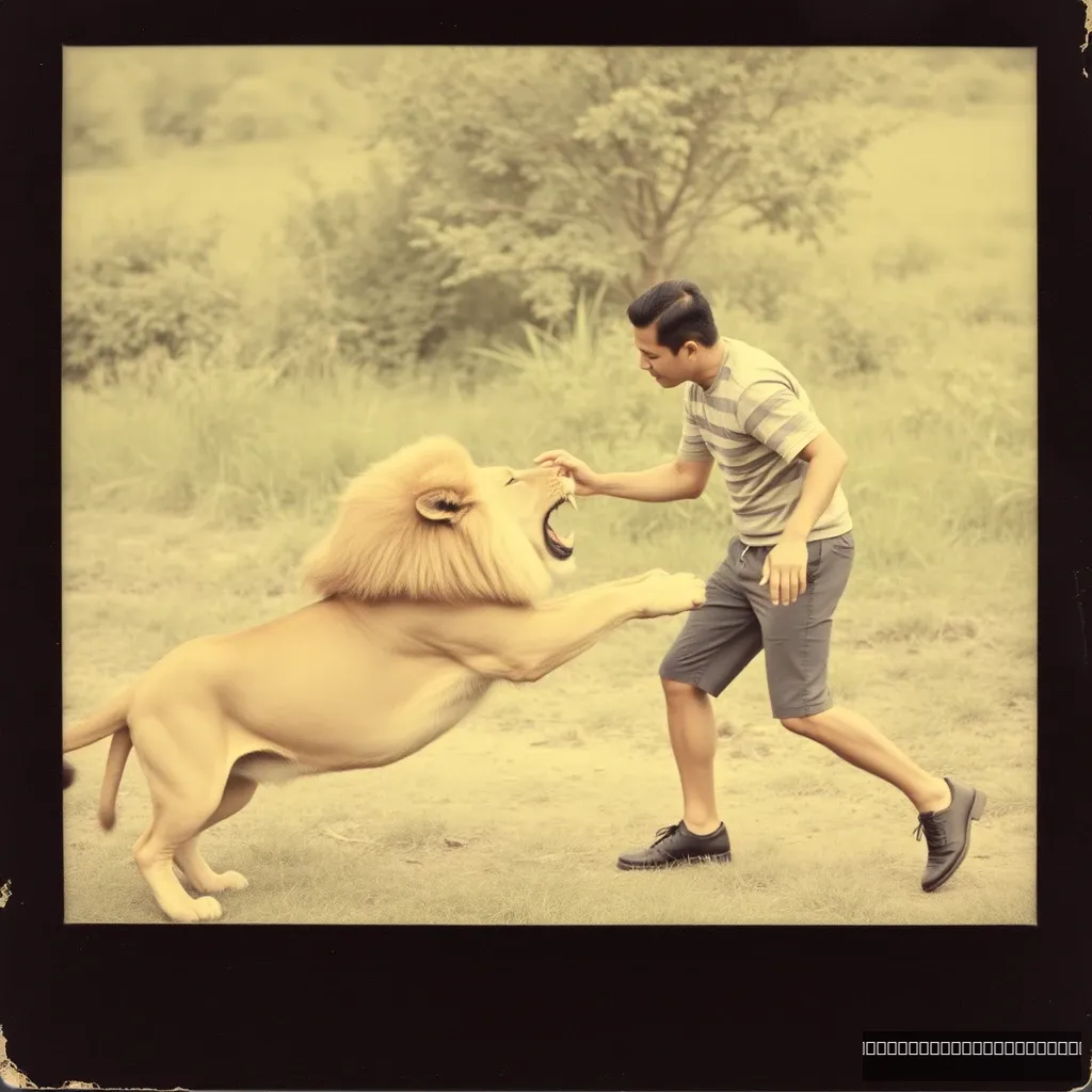 Lion lunges at a man. Old Polaroid photo. - Image