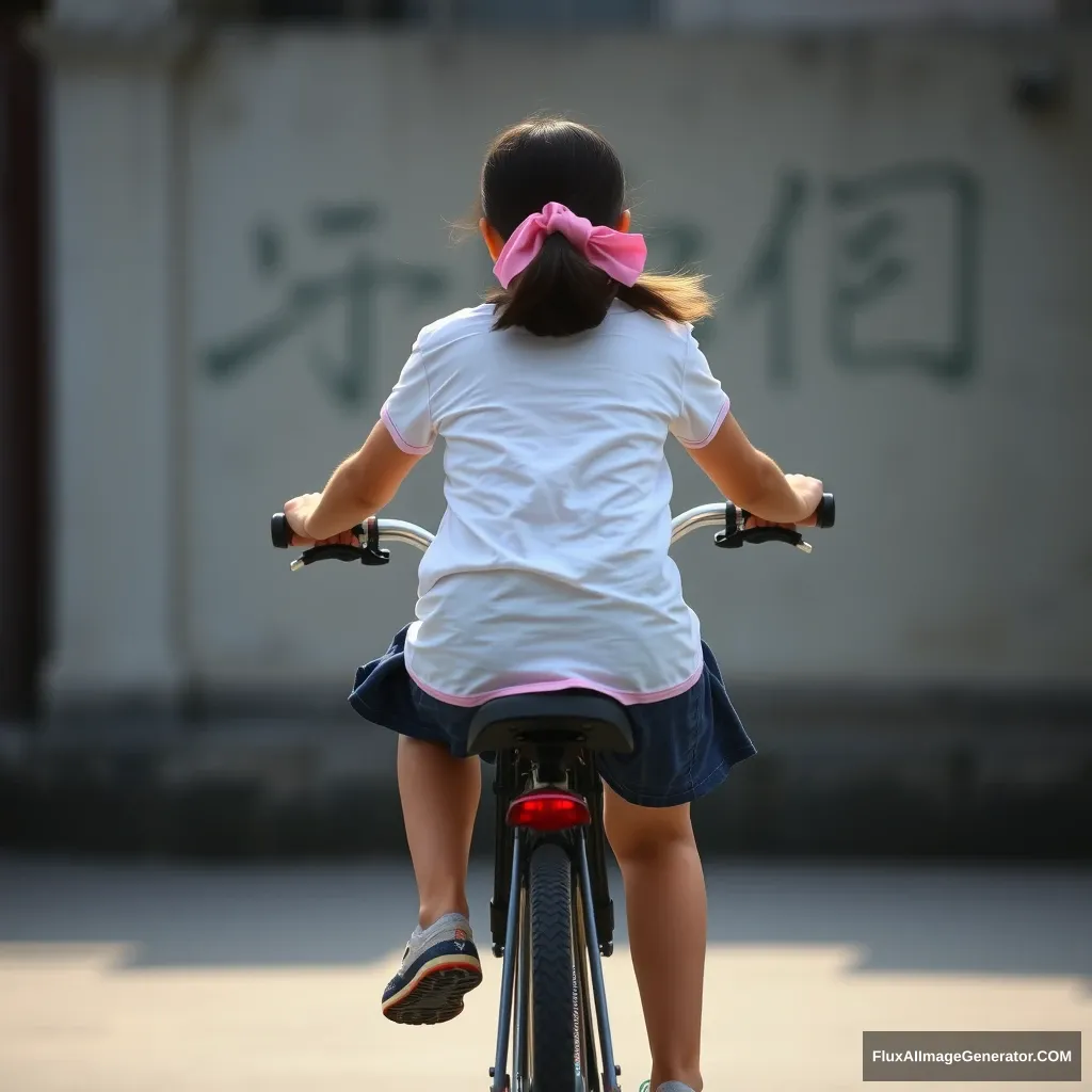 "A girl riding a bicycle, from a rear perspective, Chinese."