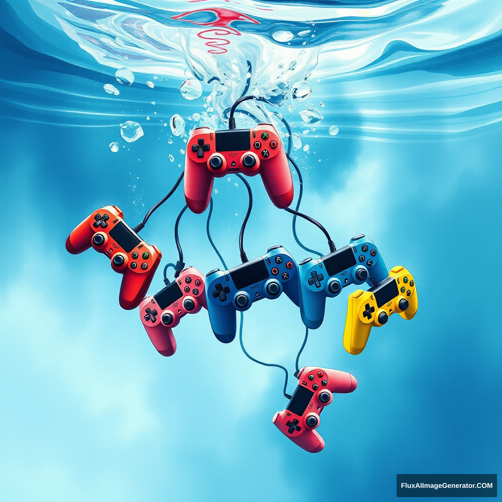 watercolor art piece, multiple colorful game controllers cascading into crystal-clear water, visually depicting the sensation of drowning, expressive ripples and splashes, dynamic movement, subtle blending of hues, creating a hypnotic underwater scene, serene yet melancholic atmosphere, high-contrast details 4K, evoking a sense of loss and nostalgia amidst whimsical imagery, illustration, neon sign. - Image