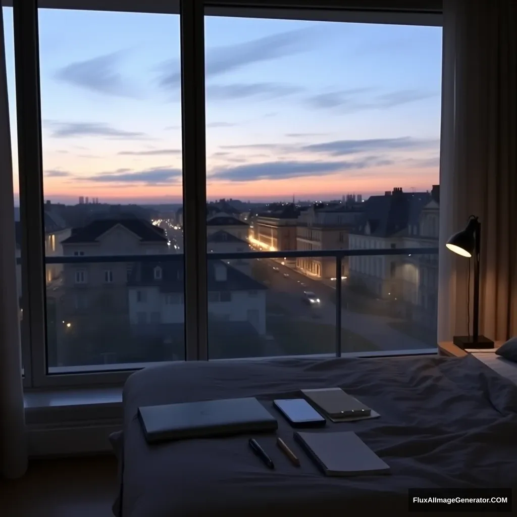 Modern bedroom apartment, big glass window, midnight in France, a study lamp lighting, a notebook and phone on a study desk.