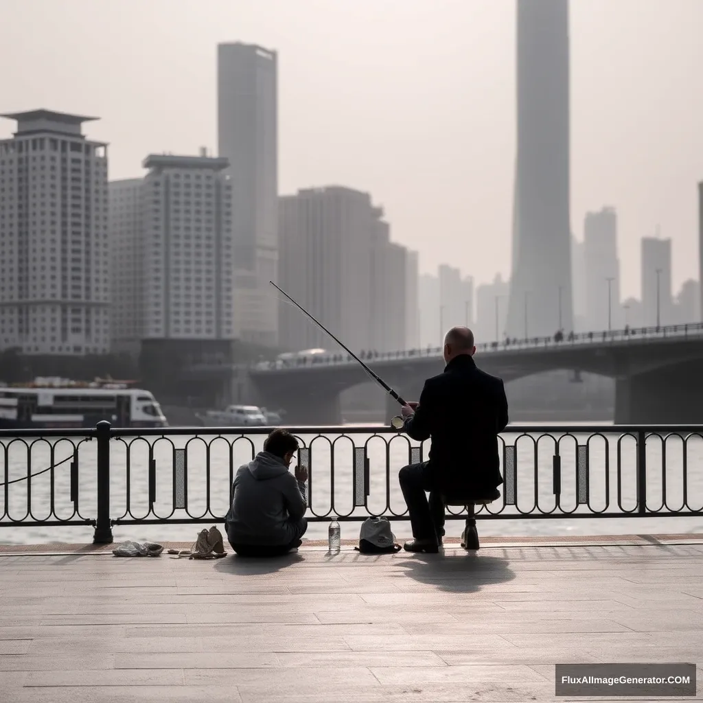 "Fishing while sitting at the Bund in Shanghai."