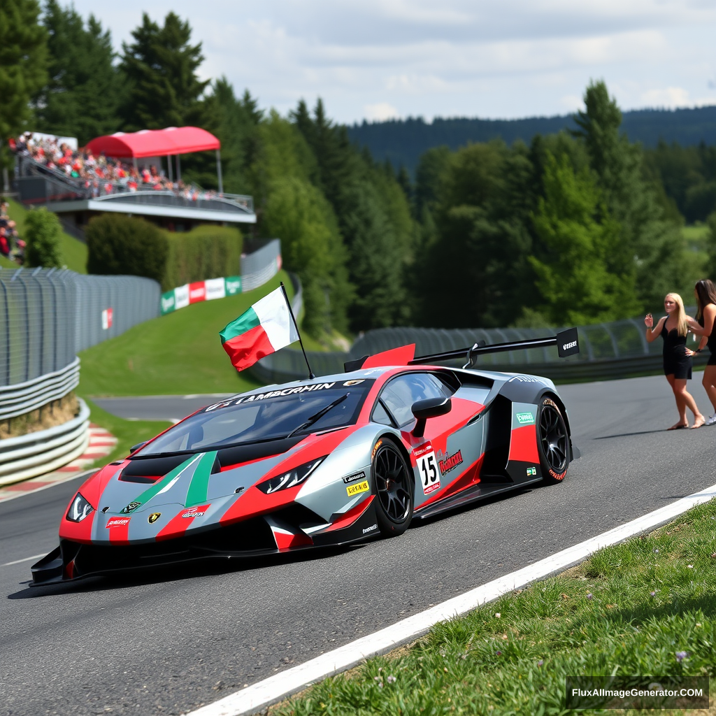 Lamborghini Super Trofeo, with a grey, red, black livery going up the Eau Rouge, at Spa-Francorchamps, with an Italian flag on it, with girls cheering on the side. - Image