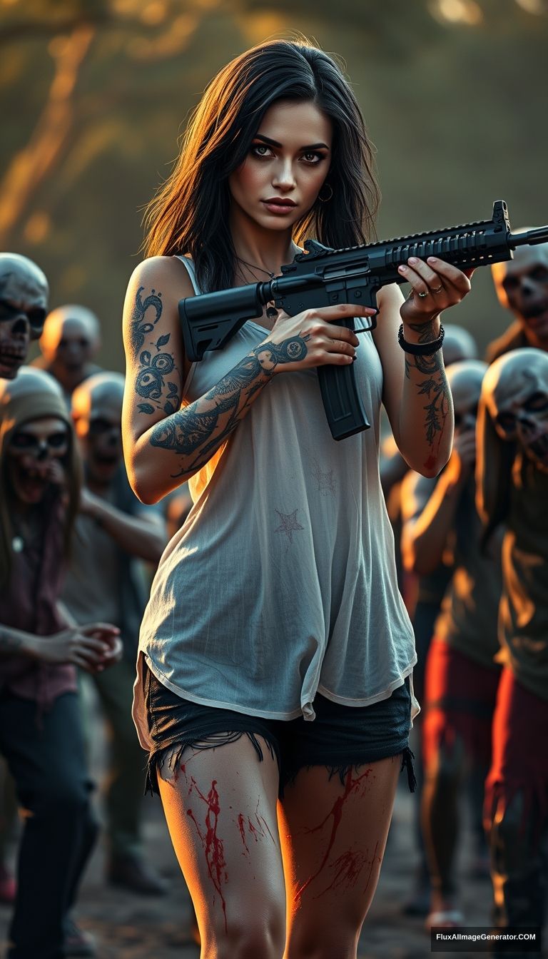 Portrait of a sexy woman in a white vest and black shorts, adorned with many gypsy-style and skull-pattern tattoos on both arms and legs. Her arm skin is scratched, with splashes of blood on both arms and legs. She is holding an AR-15 rifle with both hands and aiming, surrounded by terrifying zombies dressed in various clothing. The scene is illuminated by golden hour lighting, featuring ray tracing and global illumination, in 4K resolution.