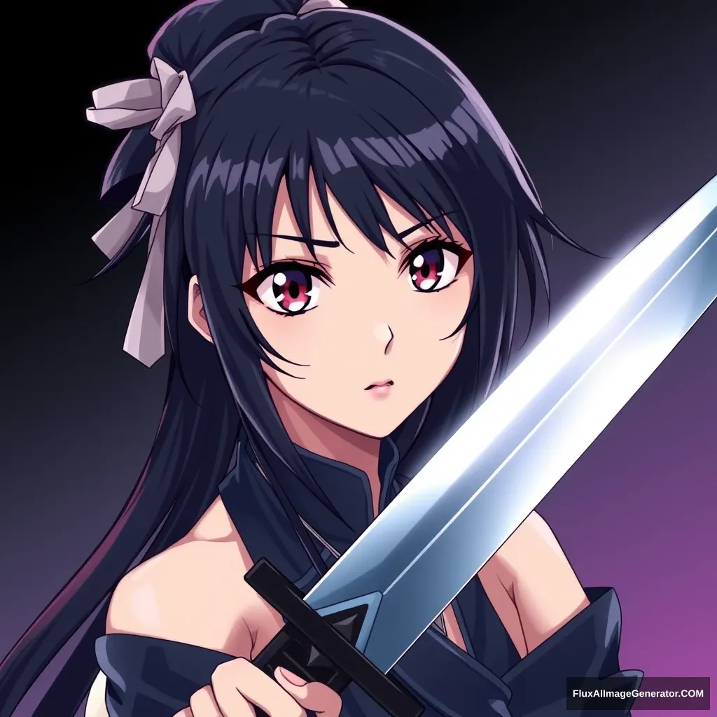 VERY BEAUTIFUL ANIME GIRL WITH PERFECT EYES. Anime style is important. Seinen style anime. Should look like an assassin with a gradient background. Holding one sharp sword.