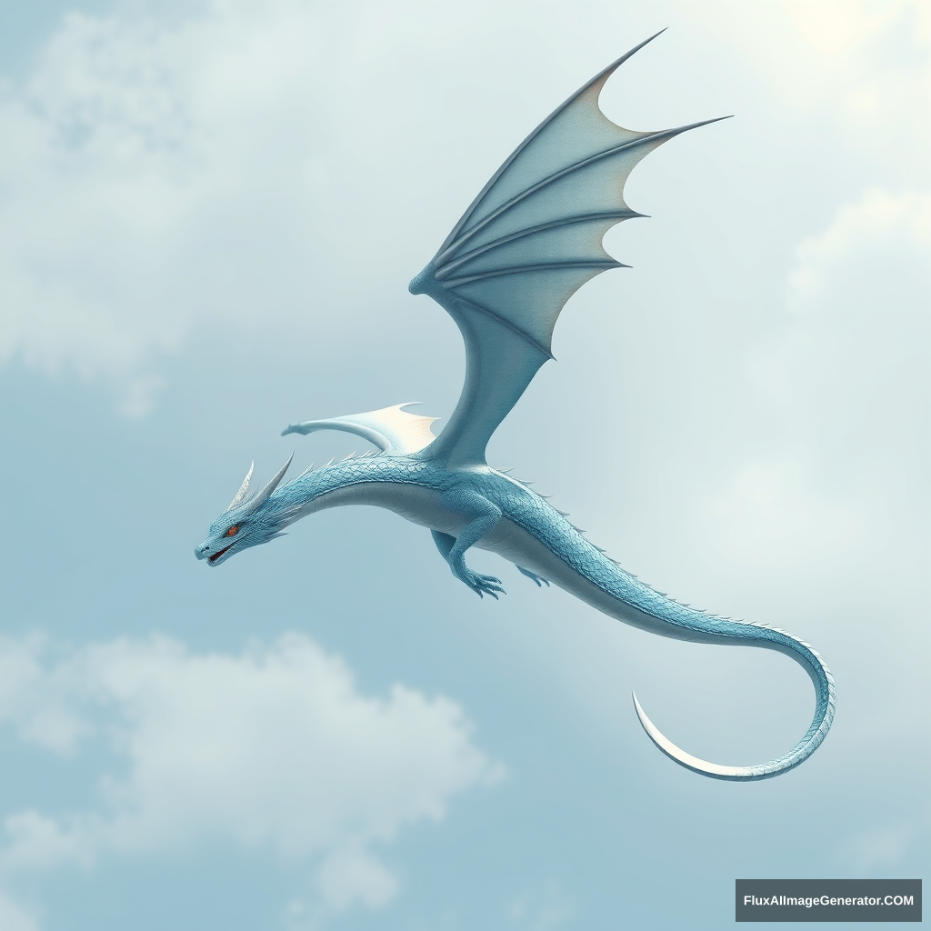 "Please draw a slender and long eastern blue dragon flying in the sky as a 3D image with a silver-white metallic feel."