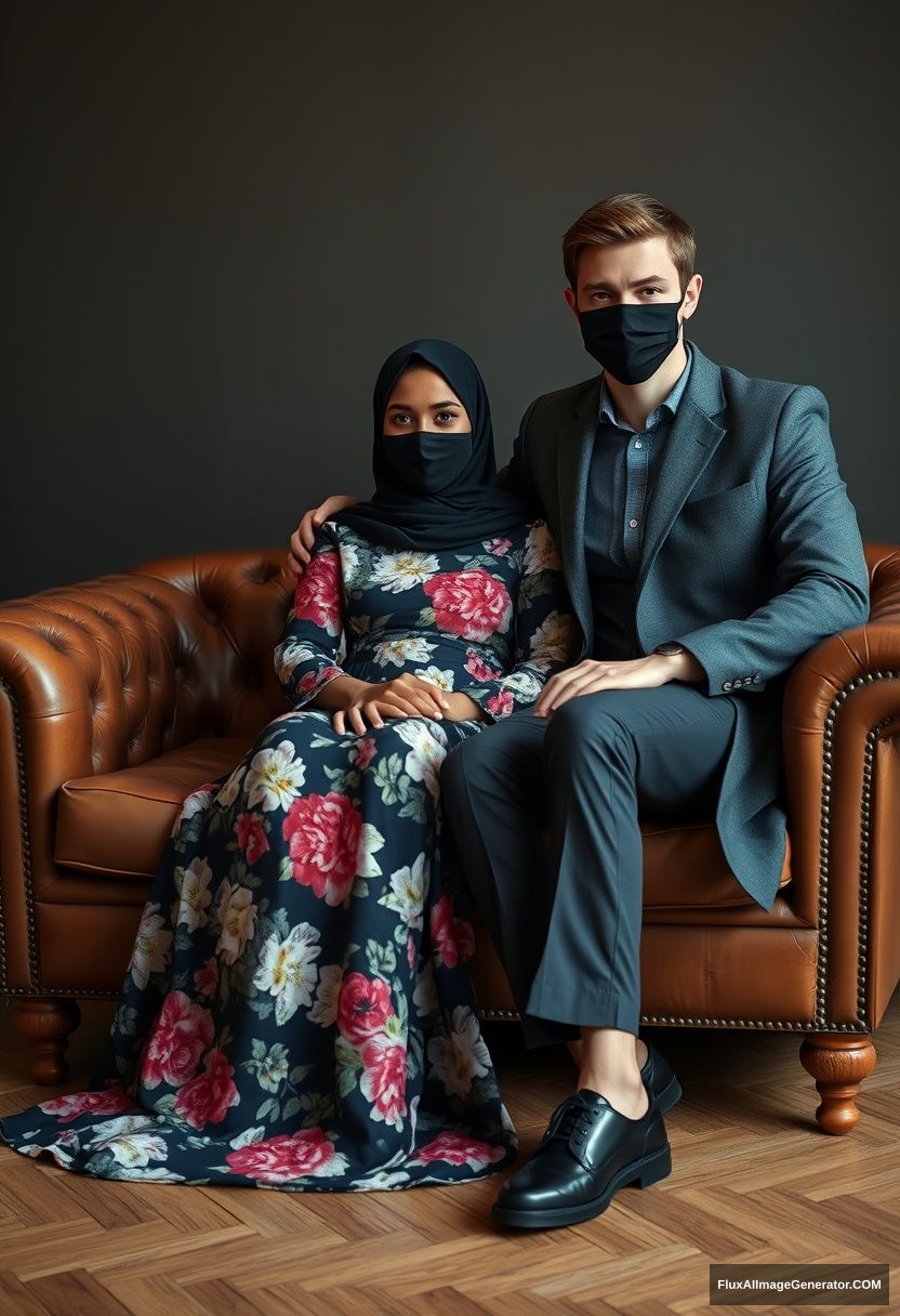 A big black hijab girl, slim girl, beautiful eyes, black face mask, wearing the biggest floral longest dress, sitting on a leather single wing sofa,

Jamie Dornan, youngest, in a grey suit coat, black leather sneakers, tall man, wearing a black face mask, fit body, sitting near her,

hyper-realistic, studio photography. - Image