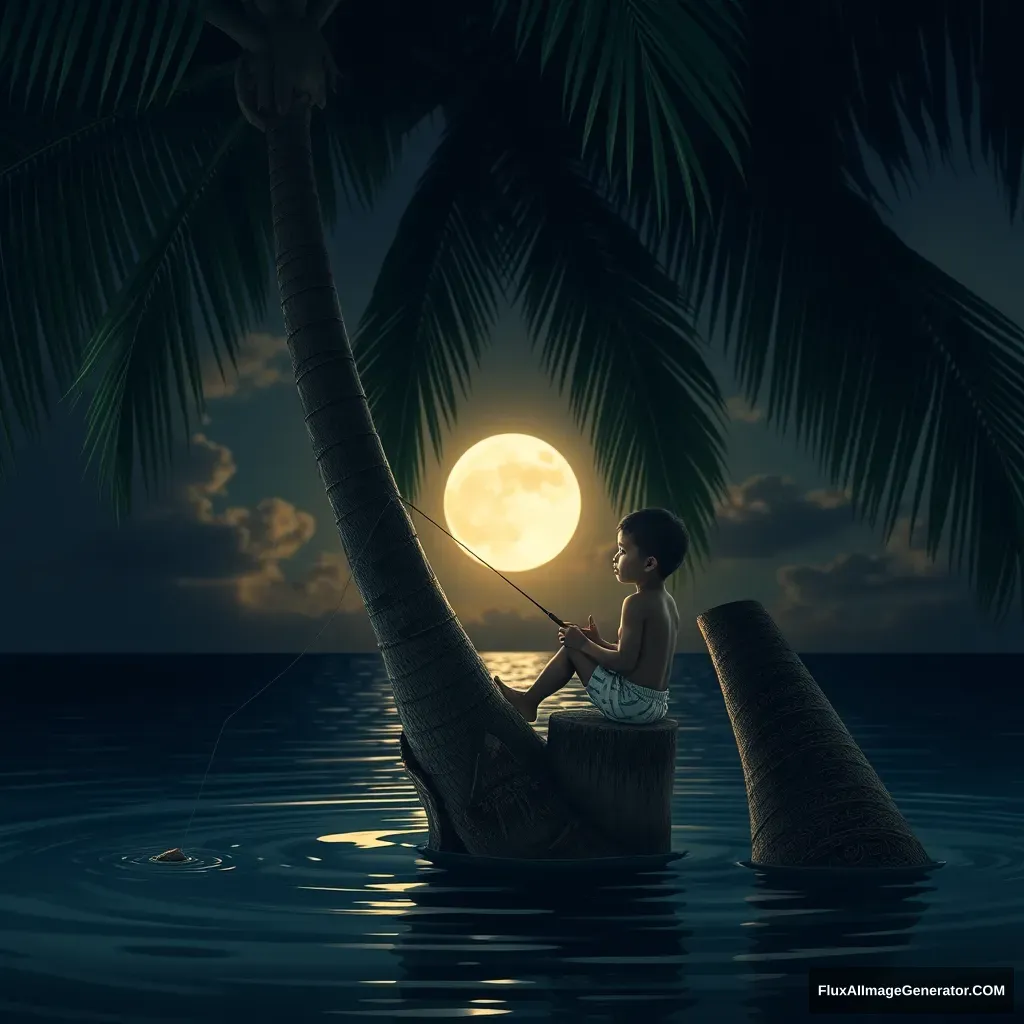 Small boy sitting in coconut tree and fishing - Image