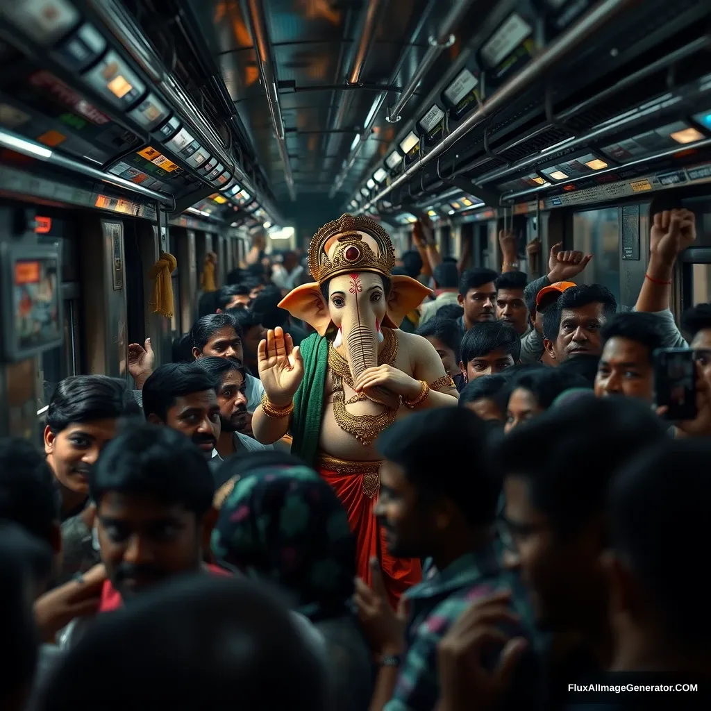 Lord Ganesha, depicted as a real human god, traveling in a packed Mumbai local train during peak rush hour. The train is crowded, with every inch of space filled by daily commuters, all jostling for room. Ganesha, standing calmly amidst the crowd, blends in with the other passengers, radiating a touch of divine aura.

The scene should capture the essence of Mumbai's local trains: the hustle and bustle, the energy, and the diversity of people—office workers, students, and vendors—all squeezed together, holding onto the overhead handles or leaning against the doors. Despite the cramped space, there’s a sense of excitement in the air as a few passengers recognize Ganesha. Their expressions range from surprise to joy, with some whispering among themselves and others offering a silent prayer. Unreal engine, 4k, evening time, little duct, smiling faces, happy, fast, speed, Mumbai local train, dark environment, add more LED lights around train, add festival mood.