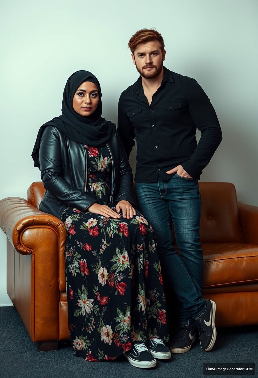 A biggest black hijab girl, burqa, beautiful eyes, black leather jacket, biggest floral long dress, black leather sneaker, sitting on leather single sofa, Jamie Dornan, black shirt, jeans, black leather sneaker, fit body, standing near her, hyper realistic, studio photography.