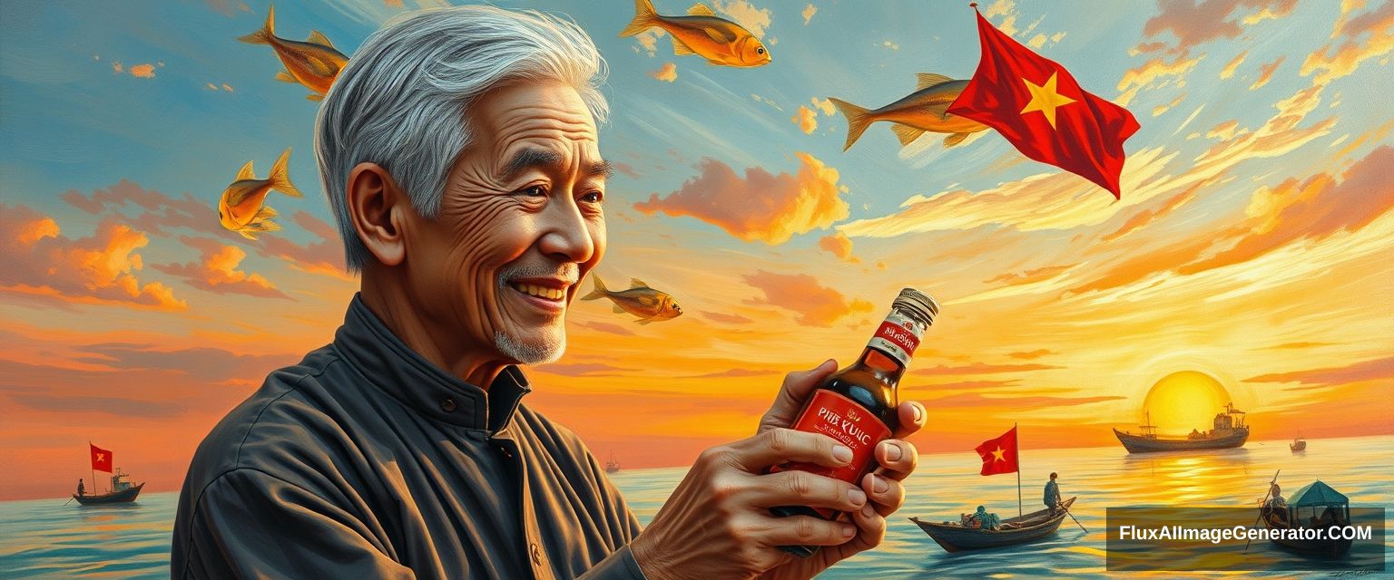 A sharp, anatomically accurate, and highly detailed oil painting in the style of Van Gogh, depicting a smiling, elderly Vietnamese man with silver hair and a weathered face, wearing a traditional áo bà ba and other traditional Vietnamese clothing, holding a bottle of Phú Quốc fish sauce and looking at it. The background features a warm, colorful sunset over the sea, with fishing boats flying the Vietnamese flag, fish jumping out of the water, and the setting sun casting an orange glow, no hat, wide view. - Image