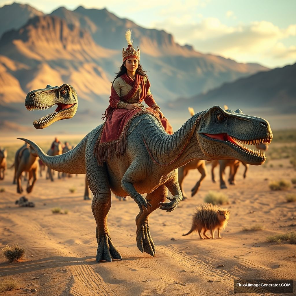 ancient Mongolian caravan of Velociraptor walking through the Mongolian Gobi Desert, ahead of the caravan is a young Mongolian Queen woman riding a Dinosaur T-rex, location Mongolia, realistic photo, 4K