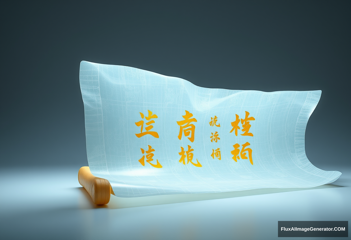 Sculpture, an unrolled ancient Chinese rice paper scroll, standing upright and placed, made of glass material, on which Chinese characters are written in golden transparent, light blue, white, light gold, c4d, ocrenderer, dreamy, combination of ancient and futuristic, three-dimensional ancient style, large area blank, Chen Wild, shift axis photography, backlight, volume light, natural light, stage light, clean background, 3D style Science Fiction.