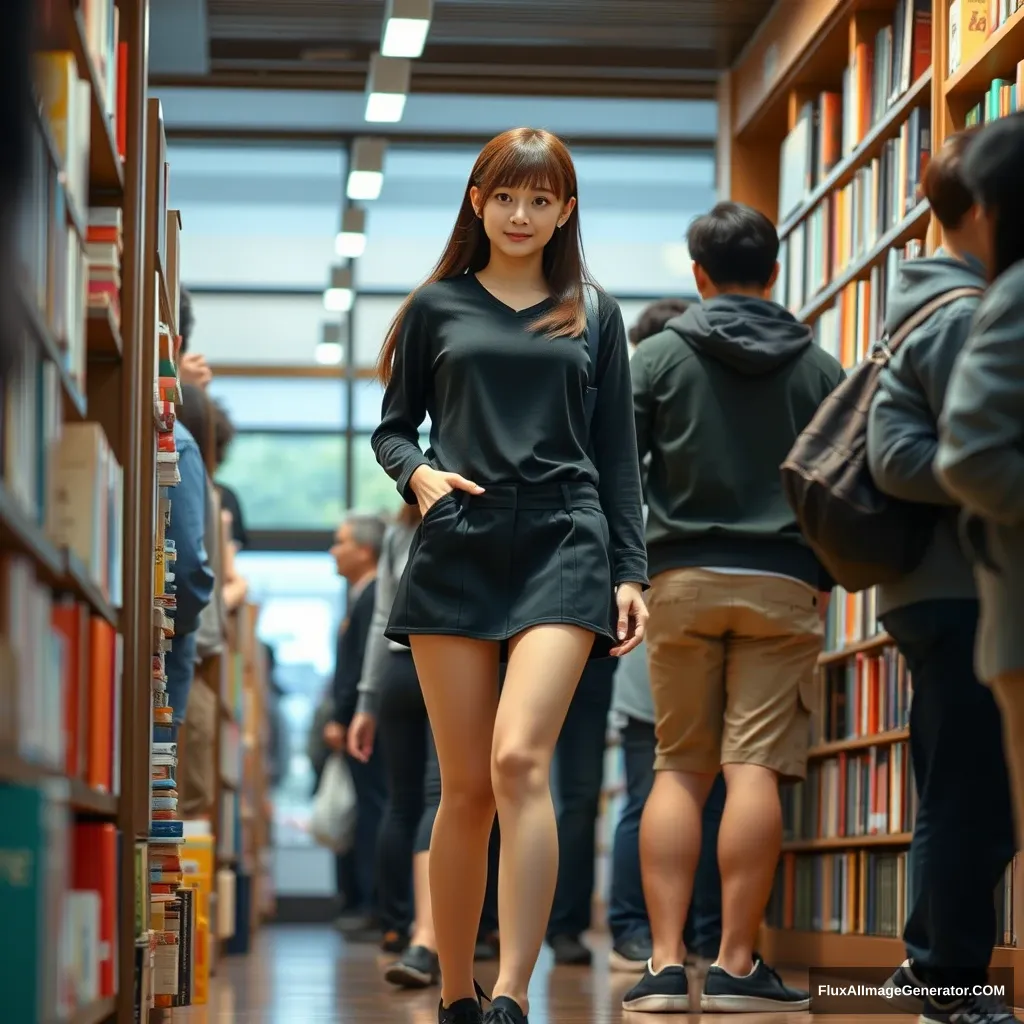 In the bookstore, there are many people, among them a Japanese female student wearing a short skirt who is a giant, very tall.