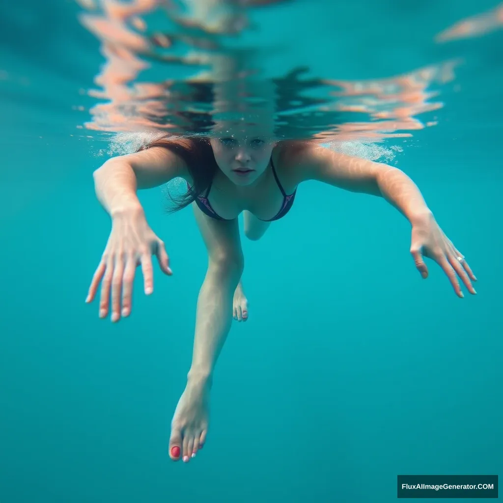 "A woman is swimming underwater, and you can see her feet."