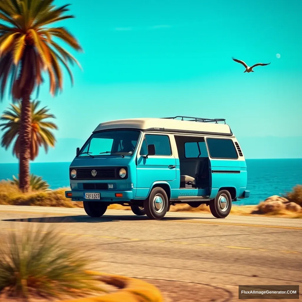 'VW T5 California, flying,'