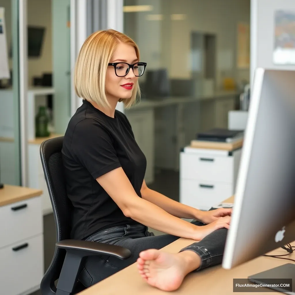 A woman in her 30s with a blonde bob hairstyle, wearing black-rimmed glasses and red lipstick, is sitting at her desk in an office, working on her computer. She is dressed in skinny dark grey jeans and a black t-shirt. Her legs are resting on the table, and she is not wearing shoes. - Image