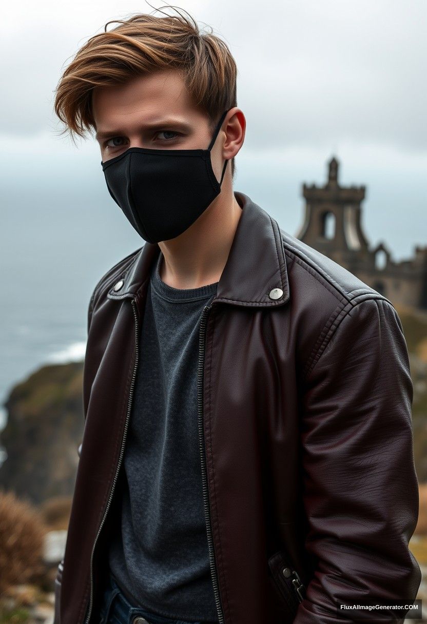 Jamie Dornan's head and body shot, handsome, youngest, black face mask, black leather jacket, jeans, dating, love with the biggest black hijab Muslim girl, not tall, beautiful eyes, face mask, maroon leather jacket, biggest black skirt, hyper realistic, studio photography, full body photo, explore at abandoned castle, at sea, gloomy scenery.