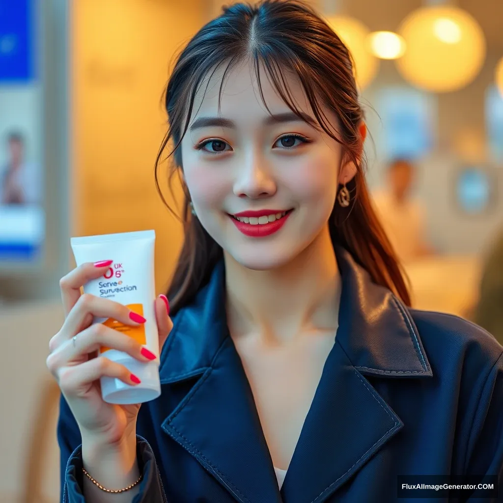 a Korean idol-style woman holding a sunscreen product