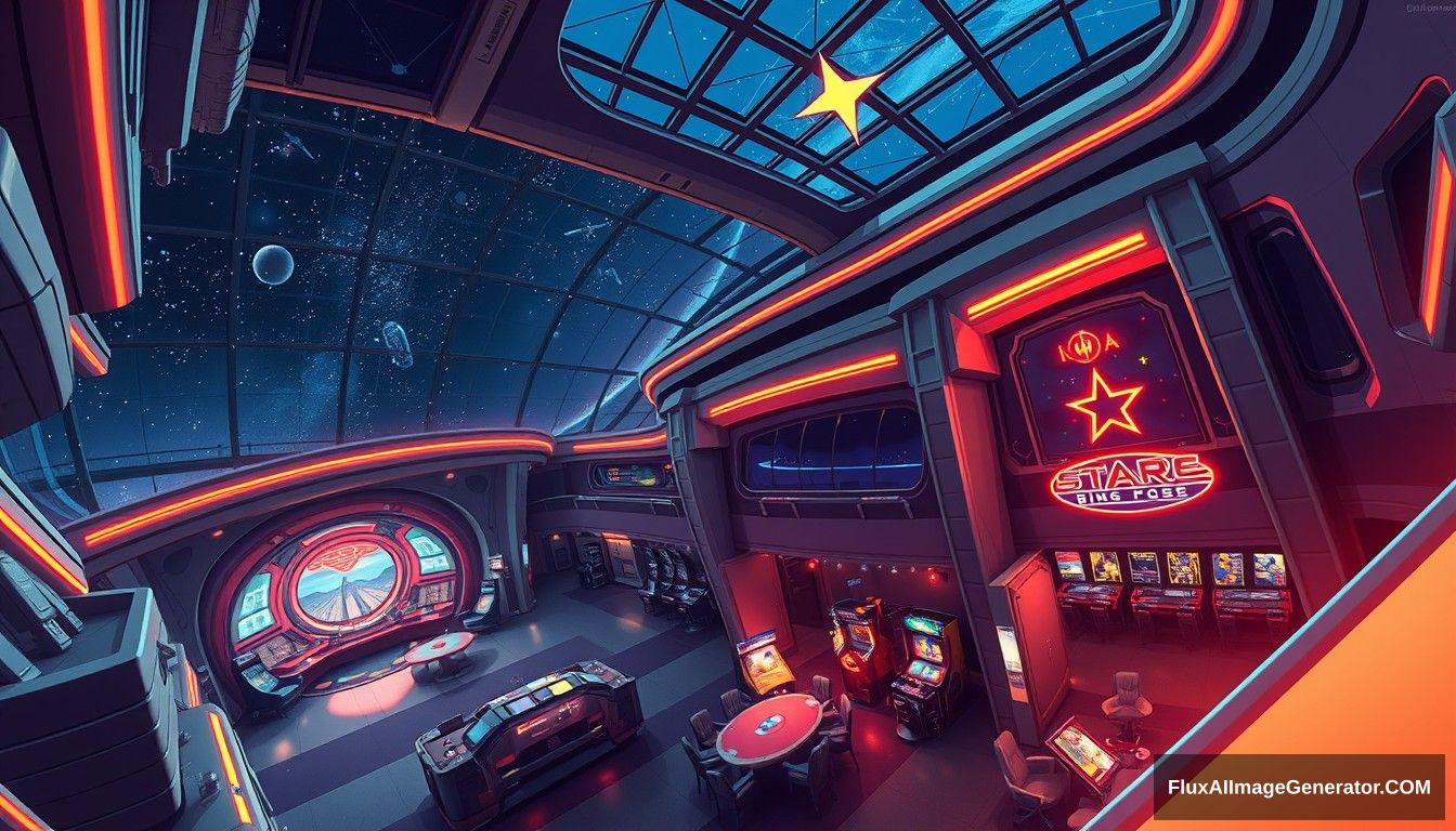 Cel-shaded art, wide shot, from above, Dutch angle, from the side, perspective, intense angle, depth of field, space, universe, space station, lobby, sunlight, retro, 70s, indoor, night, star, neon, warm light, game room, entertainment, glass ceiling.