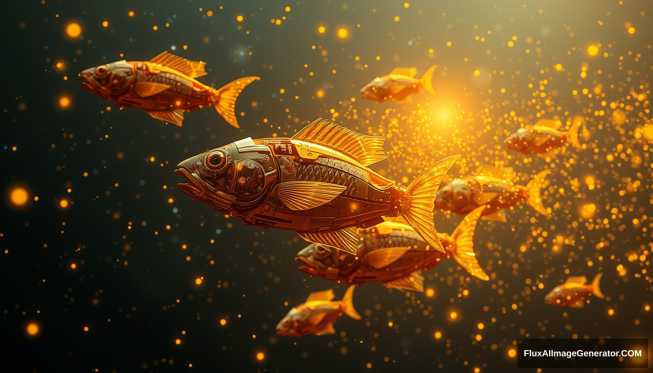 A group of mechanical fish flies under the starry sky, emitting golden particle effects, ultra-resolution, ultra-high definition, ultra-fine. - Image