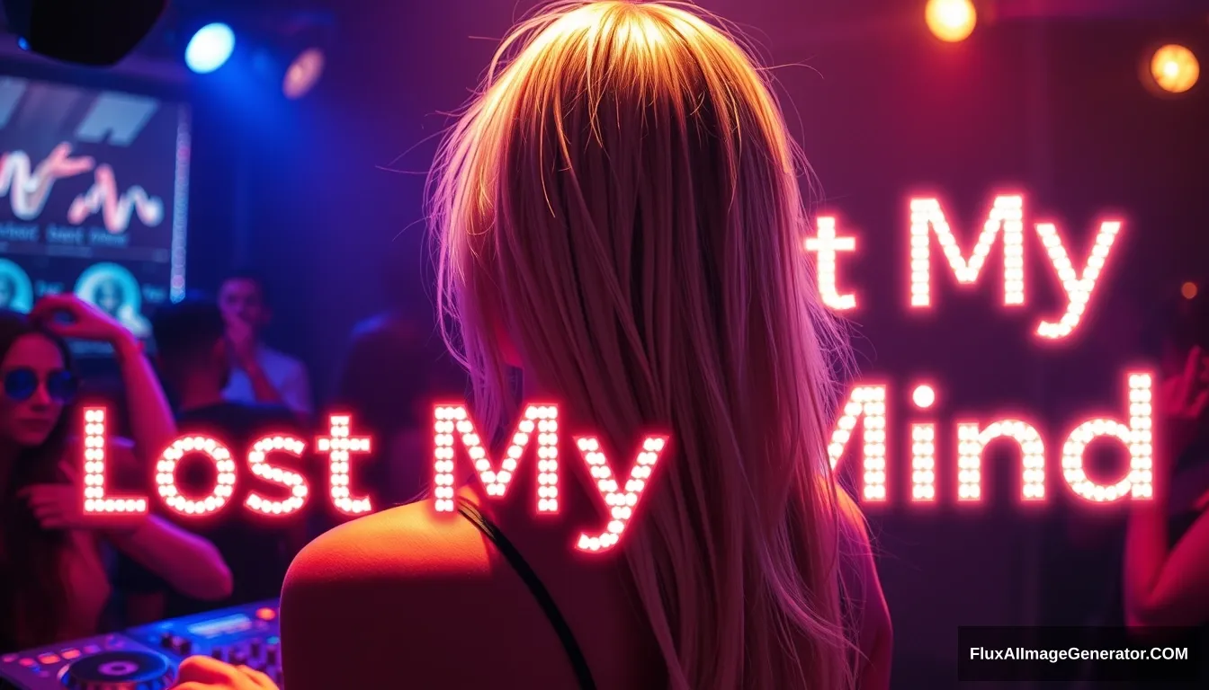 Blonde woman facing DJ, lost my mind in the club, people dancing, glowing 3D text saying "Lost My Mind". - Image