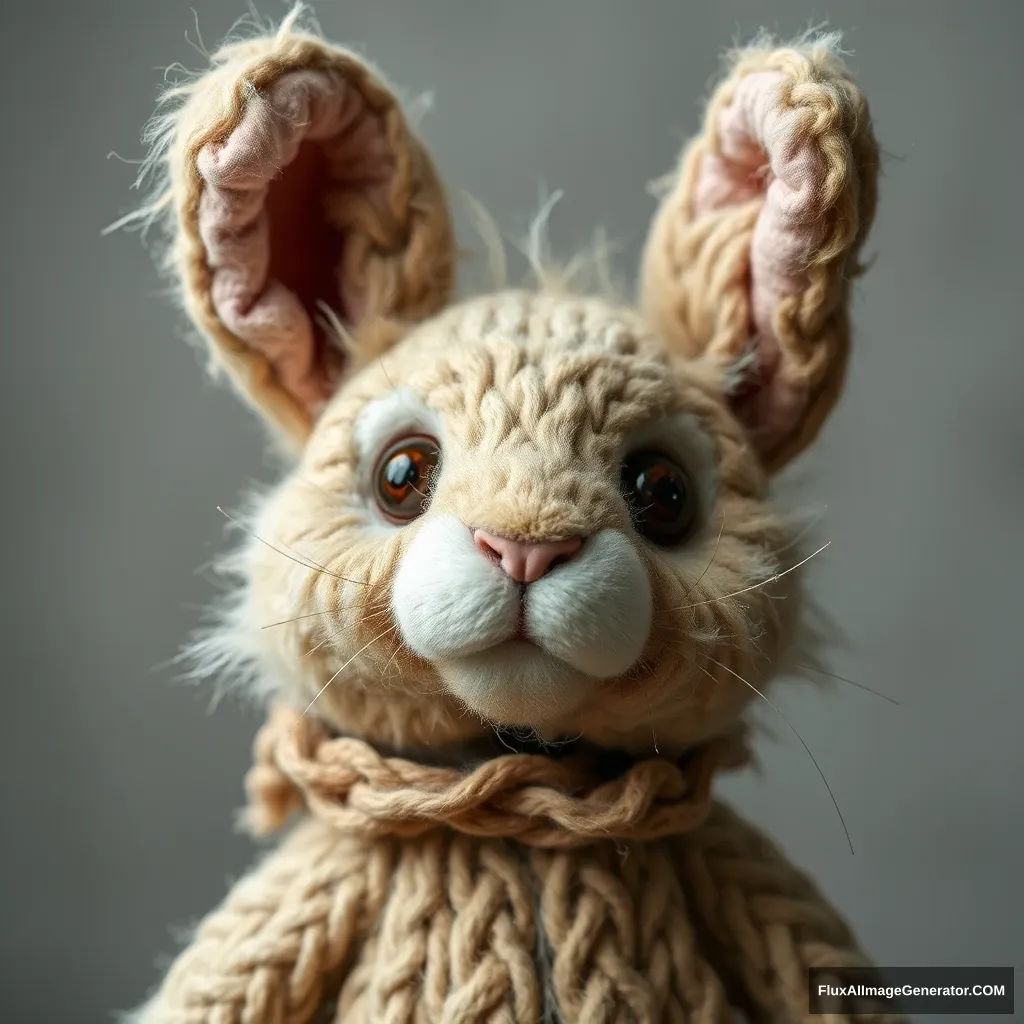 Plush bunny, button eyes, raggedy, hyper-realistic.