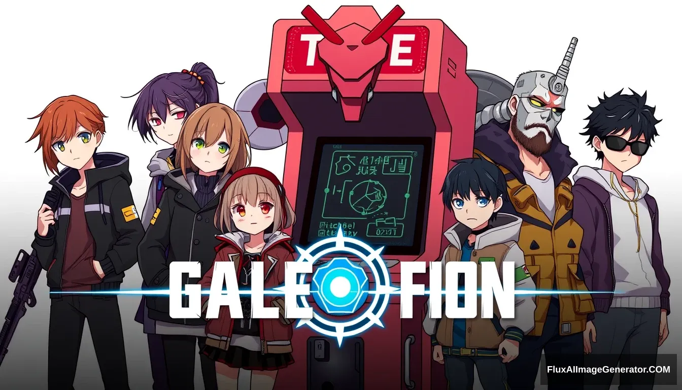 game poster, logo, several animated characters stand around a game machine, multiple girls, jacket, weapon, multiple boys, hood, facial hair, sunglasses, crossover, robot, beard, science fiction, 6+boys - Image