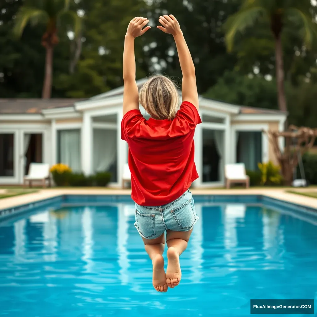 Back view of a young blonde skinny woman who is in her early twenties in her massive backyard, wearing a massively oversized red polo t-shirt that is a bit off balance on one of the shoulders. The bottom part of her t-shirt is tucked in on all sides, and she is also wearing M-sized light blue denim shorts. She is barefoot, diving into her massive luxurious pool with her arms raised above her head, and she is upside down. - Image