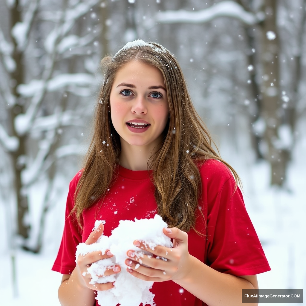 A pretty 28-year-old ally Hinson from Appalachian College wearing a red t-shirt and freezing, shivering in the snow, holding snow, scared. - Image