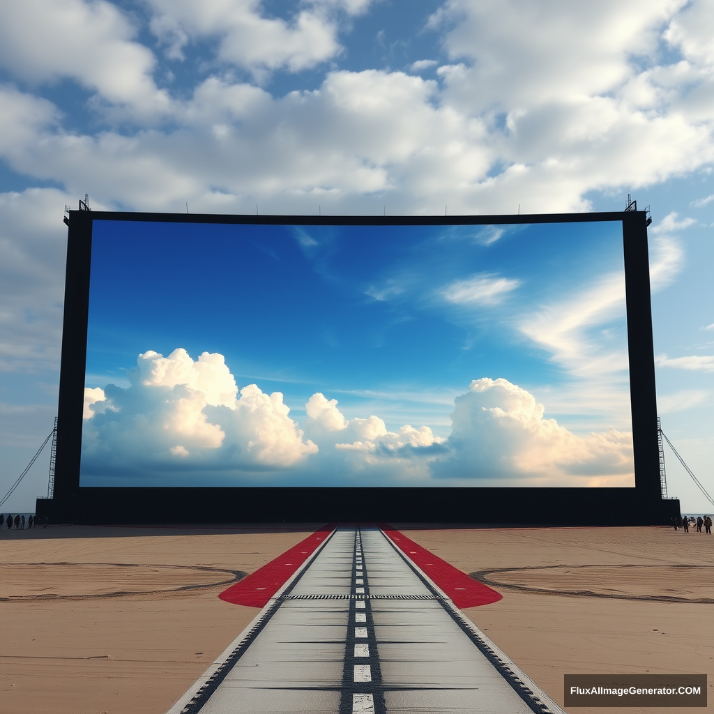 1100 feet tall, 2350 feet wide screen displaying clouds and sky with a tiny little runway going from a vantage point leading to the screen, the runway's vantage point getting larger as it comes to the forefront of the overall image on a beach and an overall theme that's like the movie 300 or Kanye West's Blood on the Leaves.