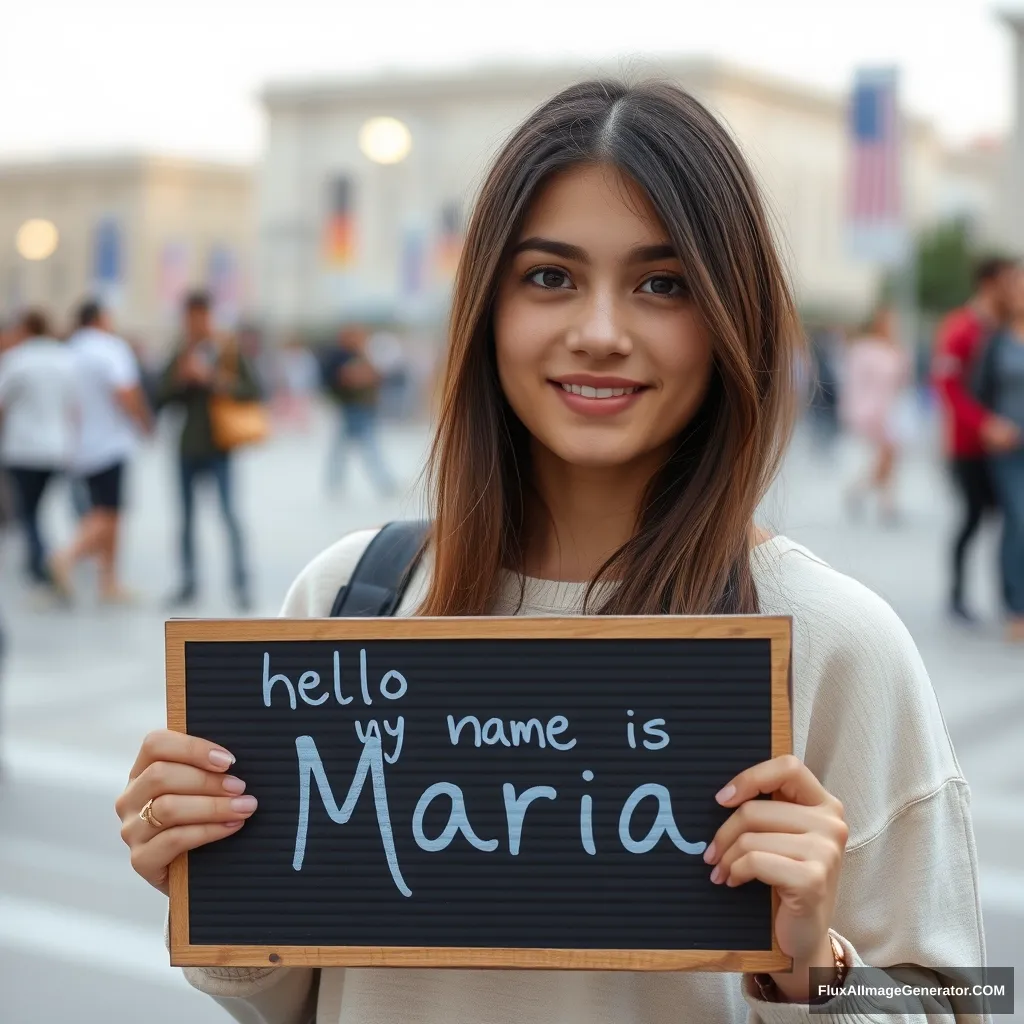 A young woman holding a sign reading: "Hello, my name is Maria."