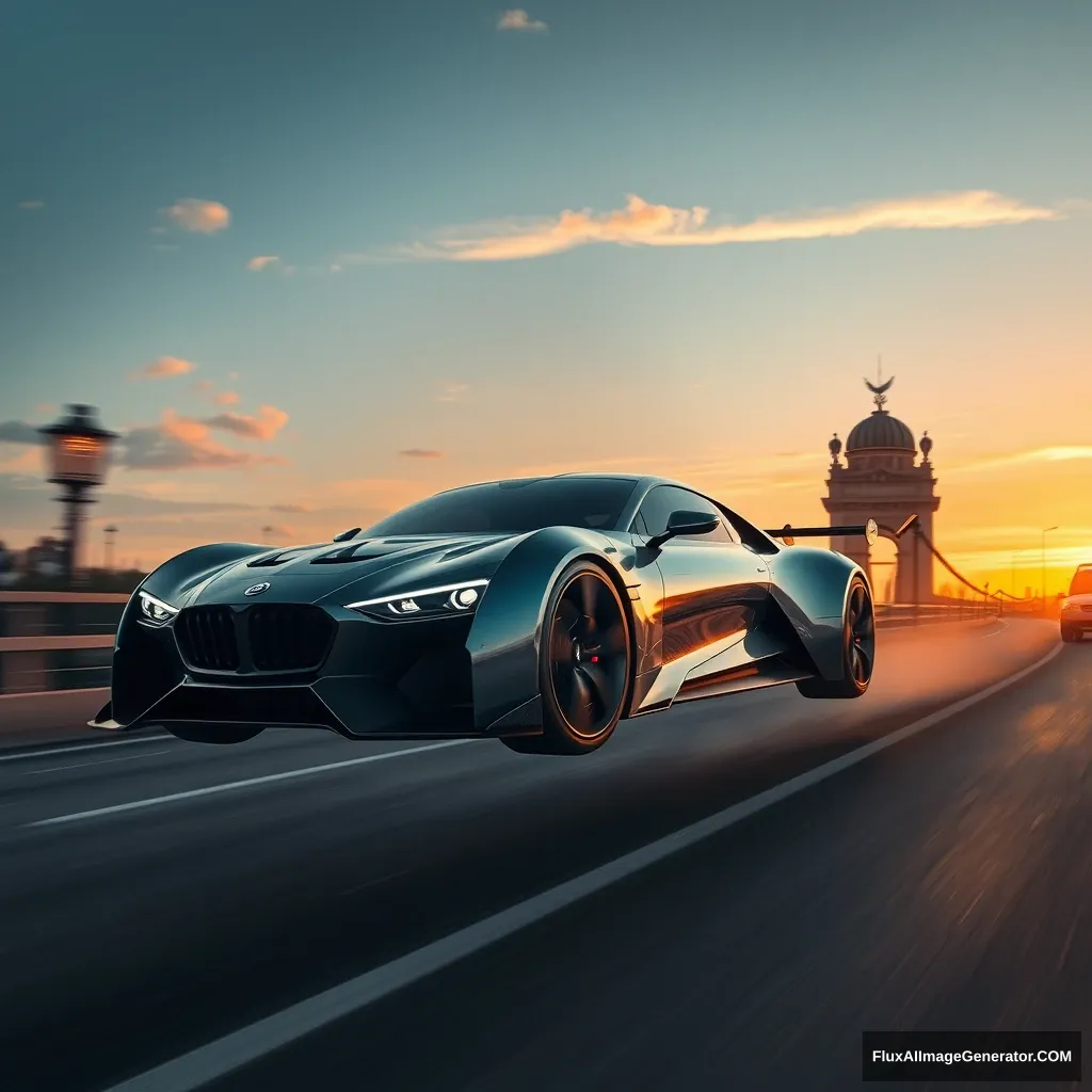 Image of a futuristic car jumping over Oberbaum Bridge in Berlin, high fidelity, photo realistic, highly detailed, sunrise, few people, fierce driver.