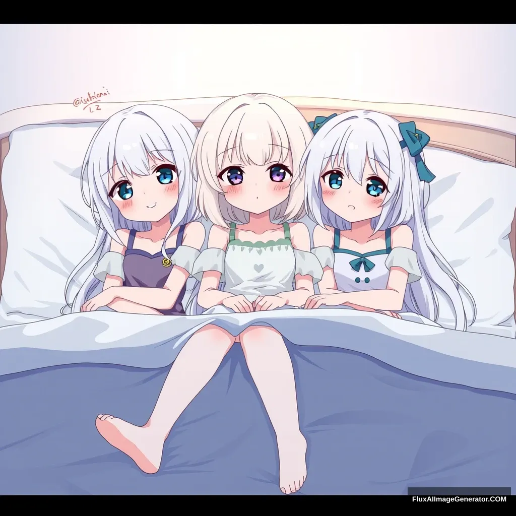 3 girls, on the bed, white hair, blue eyes, animation.