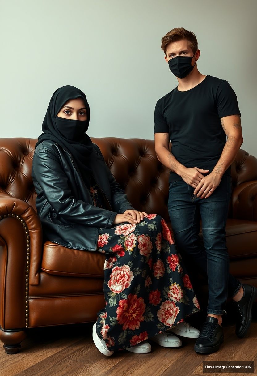 A girl in a black hijab burqa, short in stature, with beautiful eyes, wearing a black leather jacket and the largest floral long dress, paired with black leather sneakers, sitting on a leather single wing sofa. Jamie Dornan is nearby, wearing a black T-shirt, jeans, and black leather sneakers, tall with a fit body and a black face mask. The scene is hyper-realistic, resembling studio photography. - Image