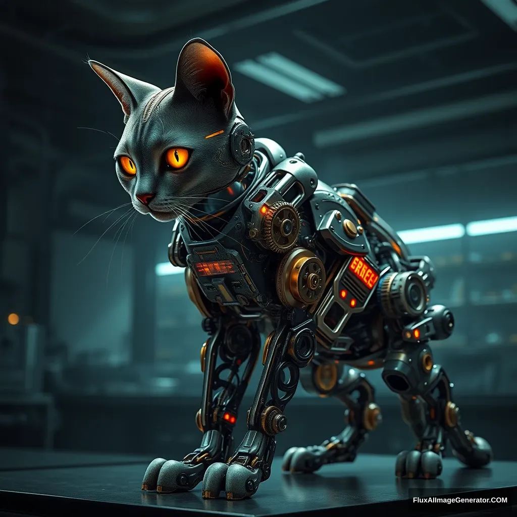 A biomechanical feline cyborg, its legs intricately exposed, revealing a mesmerizing array of glistening gears and pulsating circuits. Hyper-realistic rendering captures every minute detail, from oil-slicked metal to flickering LED lights. Set in a dimly lit laboratory, the cat's eyes glow with eerie intelligence. - Image