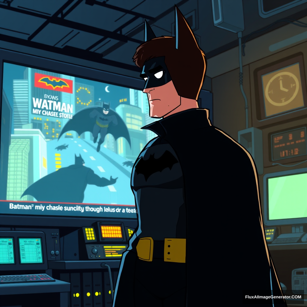 Bruce Wayne, dressed in his signature dark suit, stands in front of a massive computer screen inside the dimly lit Batcave. The screen displays a news broadcast showing Batman, mid-chase, pursuing criminals through the city. The Batcave is filled with high-tech gadgets, glowing monitors, and the iconic Batmobile in the background. The scene is depicted in a cartoon animated style, with exaggerated features, vibrant colors, and dynamic lighting that highlights the intensity of the moment. - Image